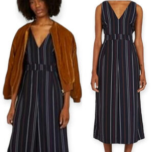 Frank + Oak Sleeveless Wide Leg V Neck Jumpsuit with Pockets Striped Navy Medium